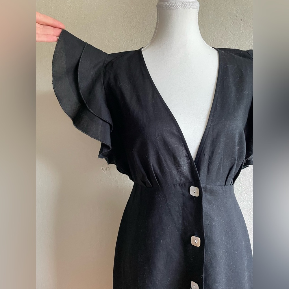 Linen cocktail Black Dress with Ruffle Sleeves - Picture 5 of 17